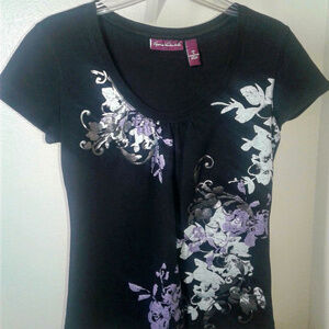 Gloria Vanderbilt Navy Floral Printed V Neck Short sleeve Shirt Size: S